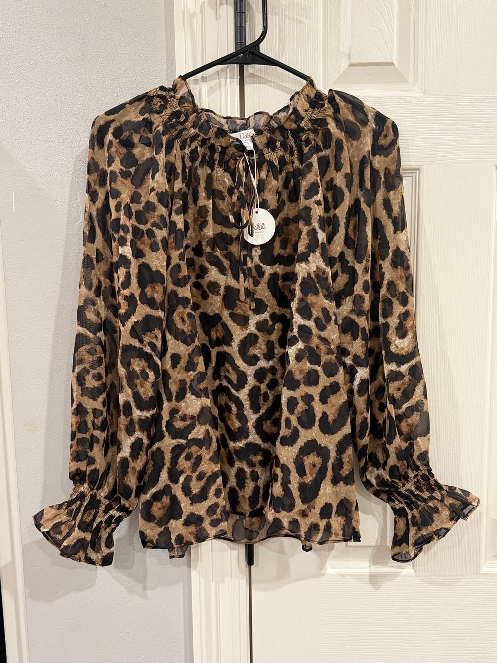 Oddi sheer animal print tie neck blouse Sz S